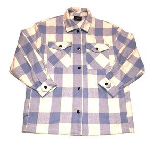 BLUE WHTE FLANNEL SHACKET SHIRT JACKET SIZE SMALL SNAPS SIDE POCKETS HFX WOMENS